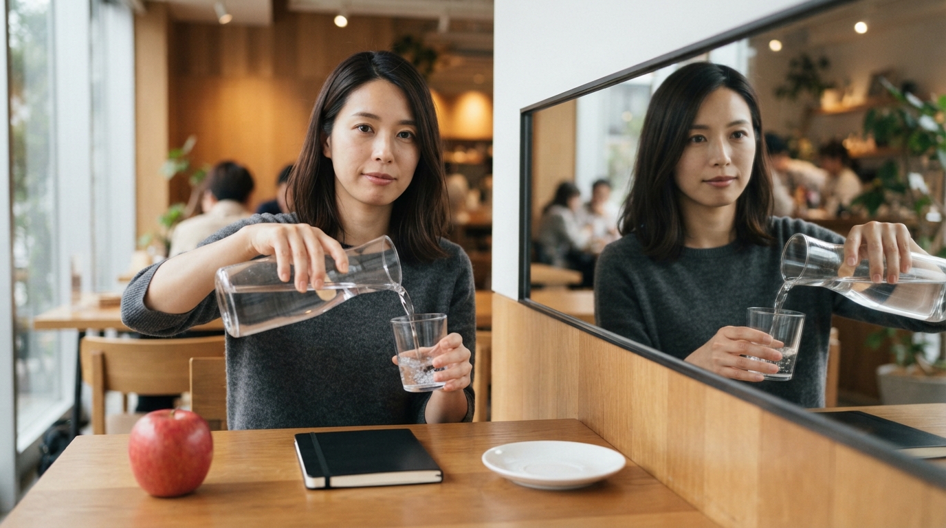 Nano Banana 2 Liteで生成した、鏡の前でカラフェから水を注ぐ女性