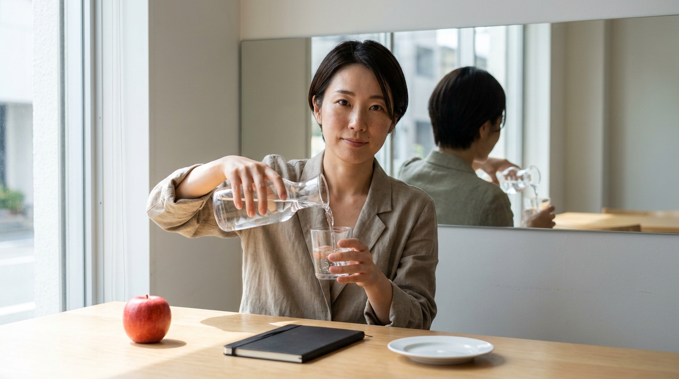 Nano Banana Proで生成した、鏡の前でカラフェから水を注ぐ女性