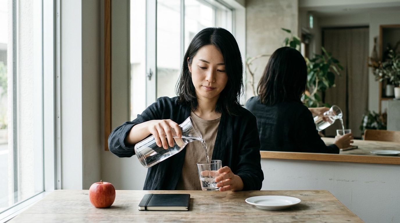 Nano Banana 2.1で生成した、鏡の前でカラフェから水を注ぐ女性