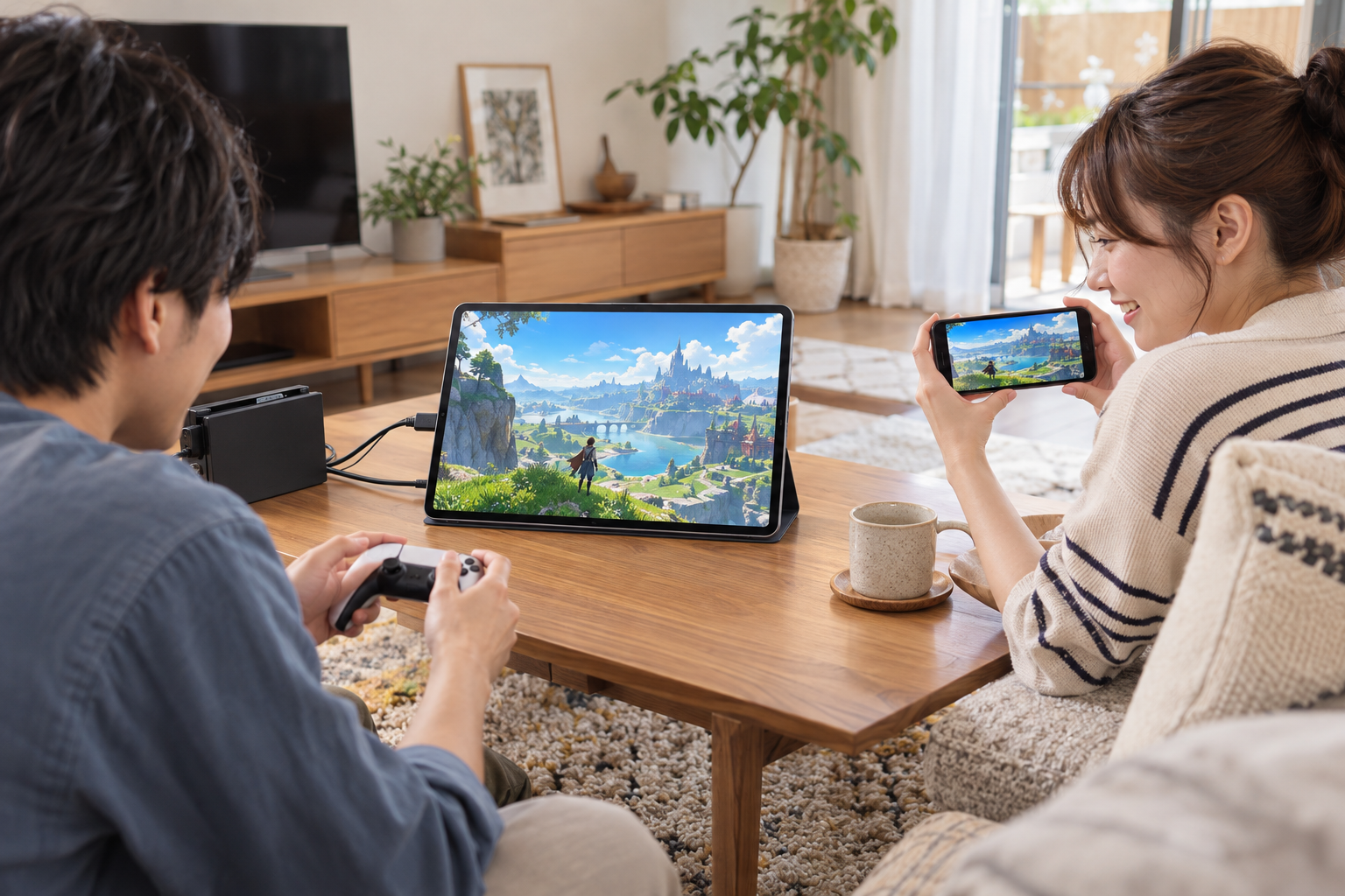 iPadに表示したゲーム映像をプレイする人と、iPhoneで同じ映像を見る人