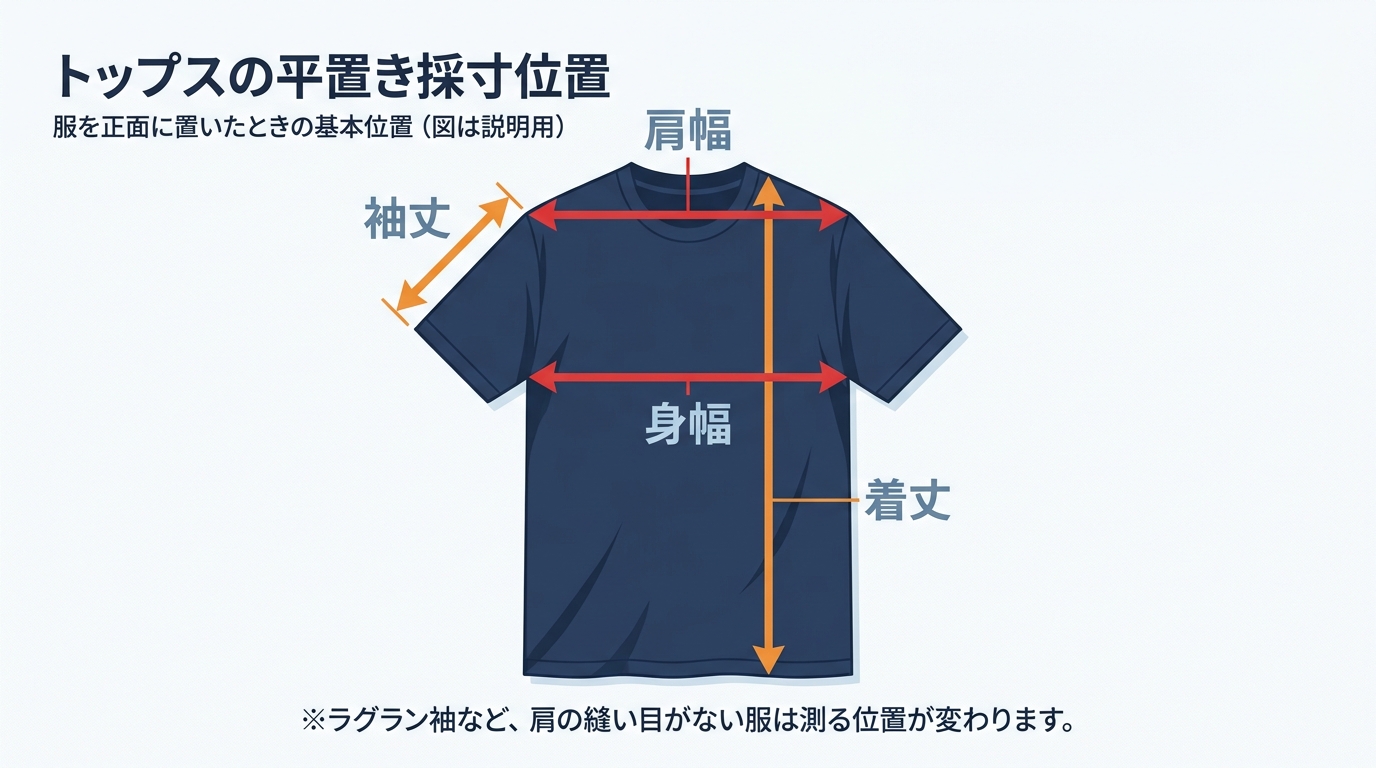 平置きしたトップスの着丈、身幅、肩幅、袖丈の測定位置を示した図