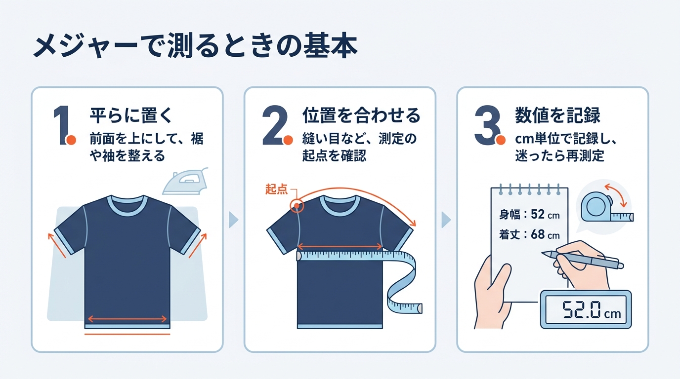 平置きしたトップスで測定位置を合わせ、メジャーで寸法を記録する流れを示す説明用イメージ