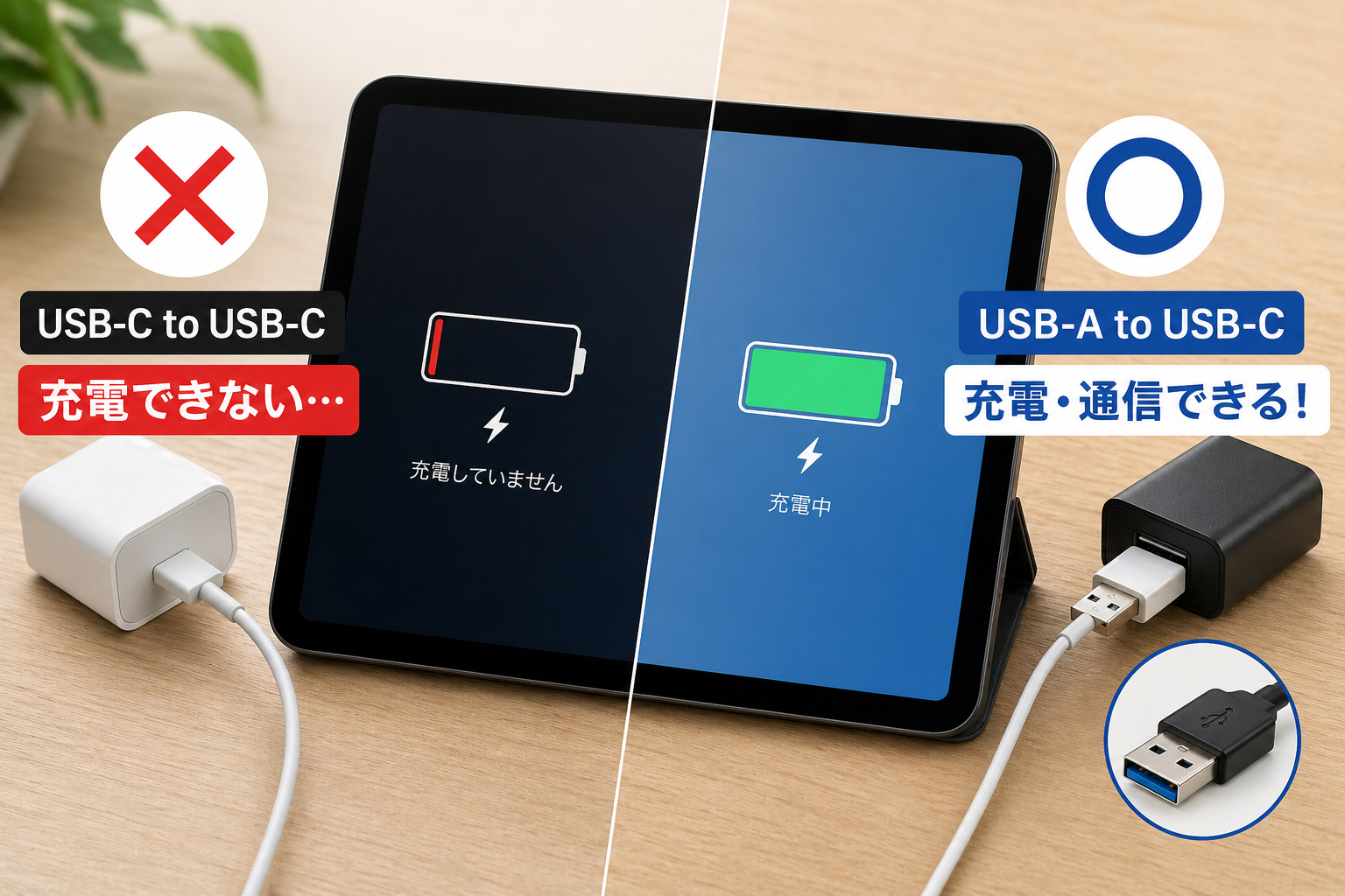 iPad ProがUSB-C to USB-Cでは充電できず、USB-A to USB-Cでは充電と通信ができることを比較したアイキャッチ画像