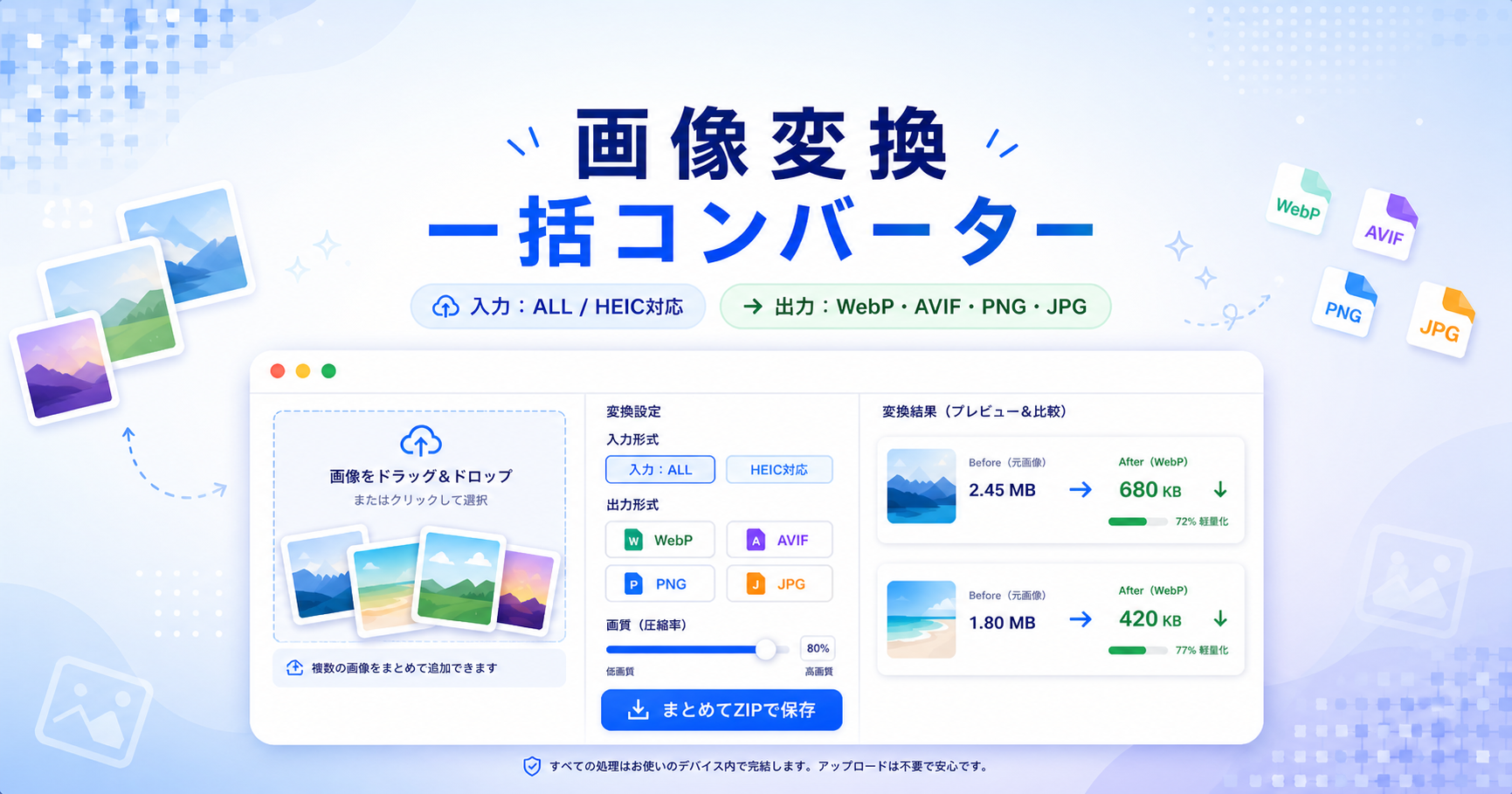 画像変換コンバーター！WebP/PNG/JPGを一括変換＆画質比較！